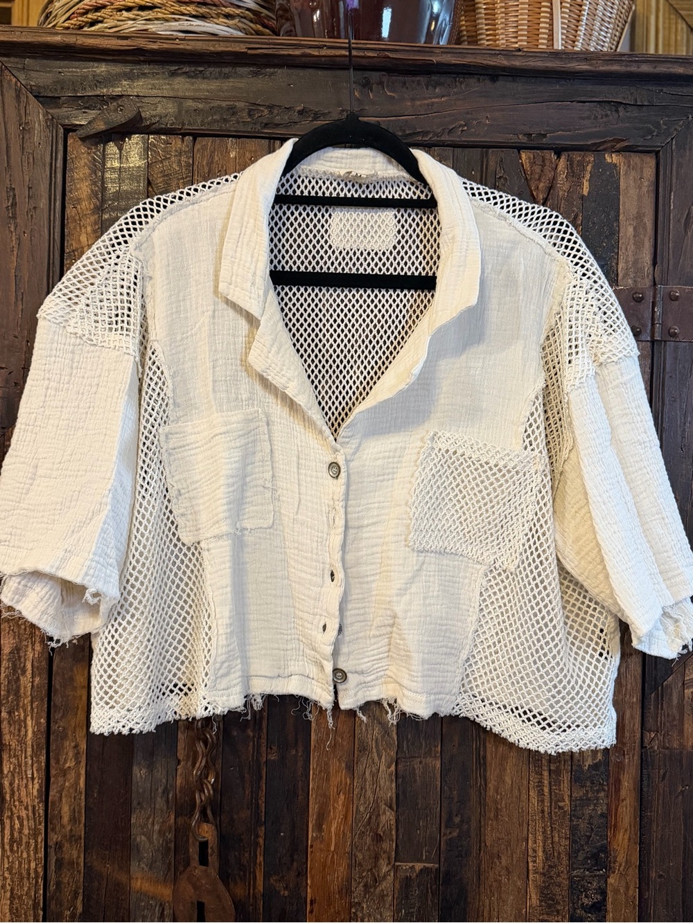 POL Clothing White Gauze Mesh Crop Shirt M Boho Coastal Raw Hem Button Down